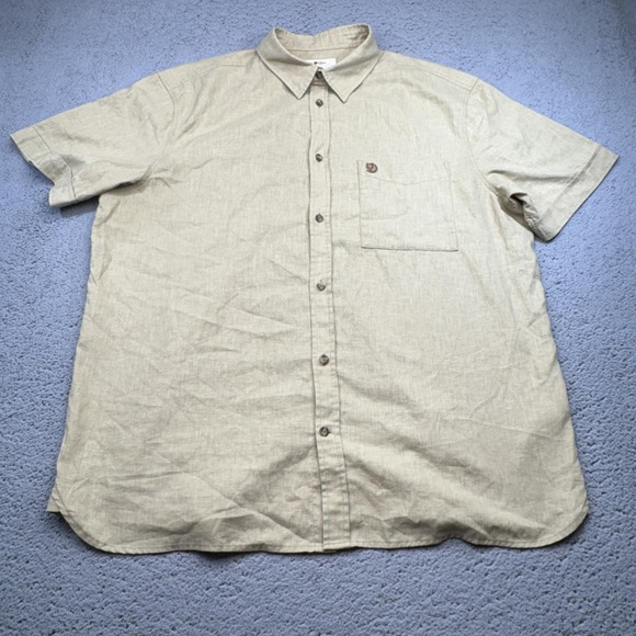 Fjallraven Shirt Mens 2XL Khaki Short Sleeve Button Up Comfort Fit Hemp Blend - Picture 1 of 11